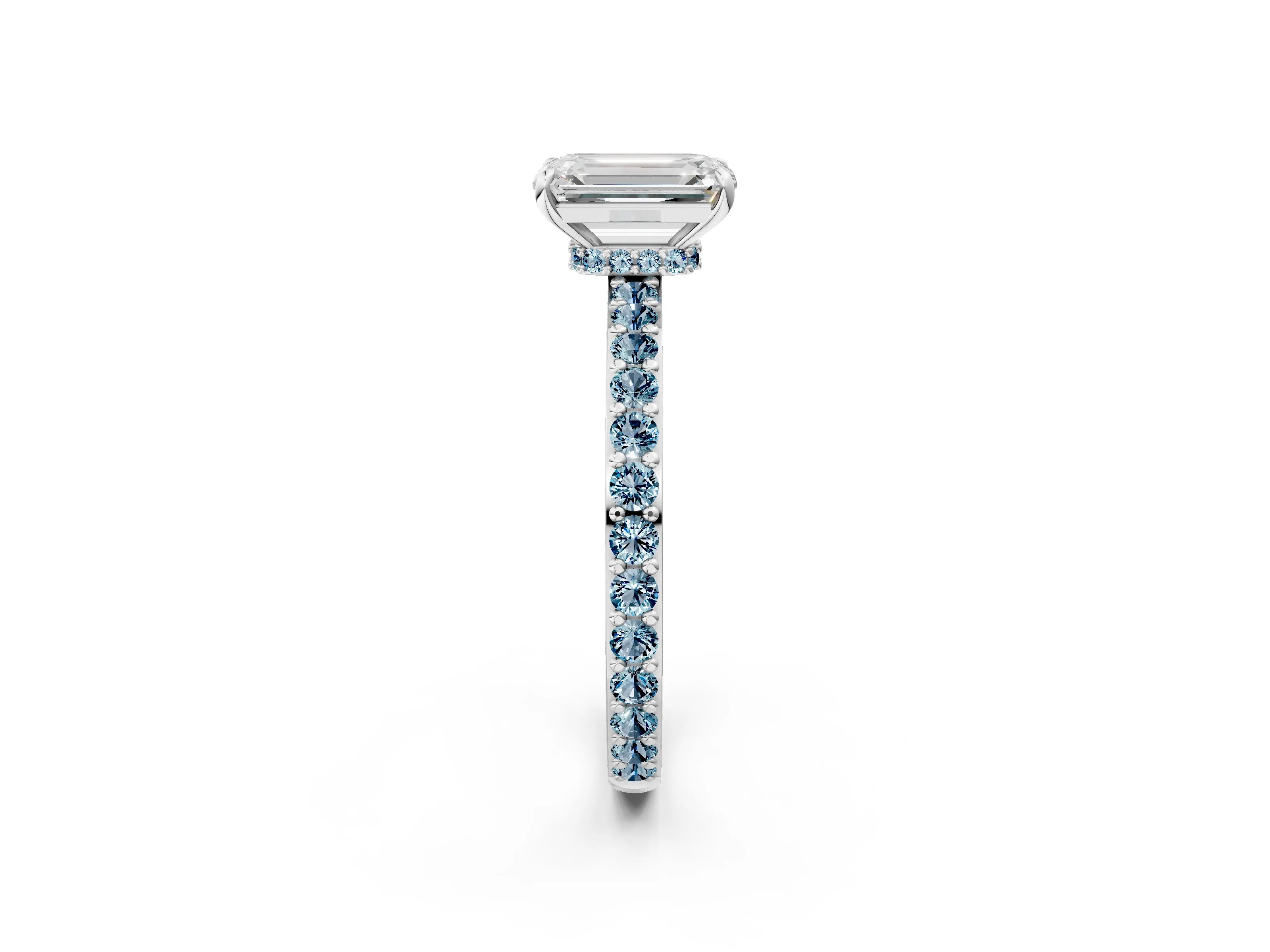 White gold Emerald Cut Diamond Pavé Engagement Ring with Round with Aquamarine side stone Accents and Prong Setting_2