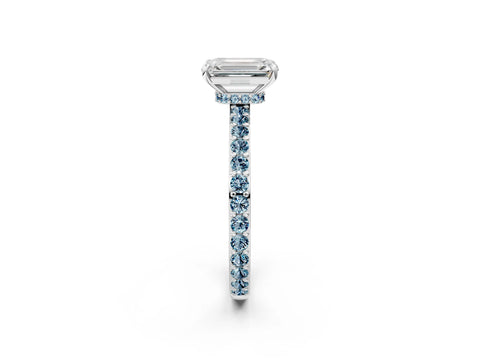 White gold Emerald Cut Diamond Pavé Engagement Ring with Round with Aquamarine side stone Accents and Prong Setting_2