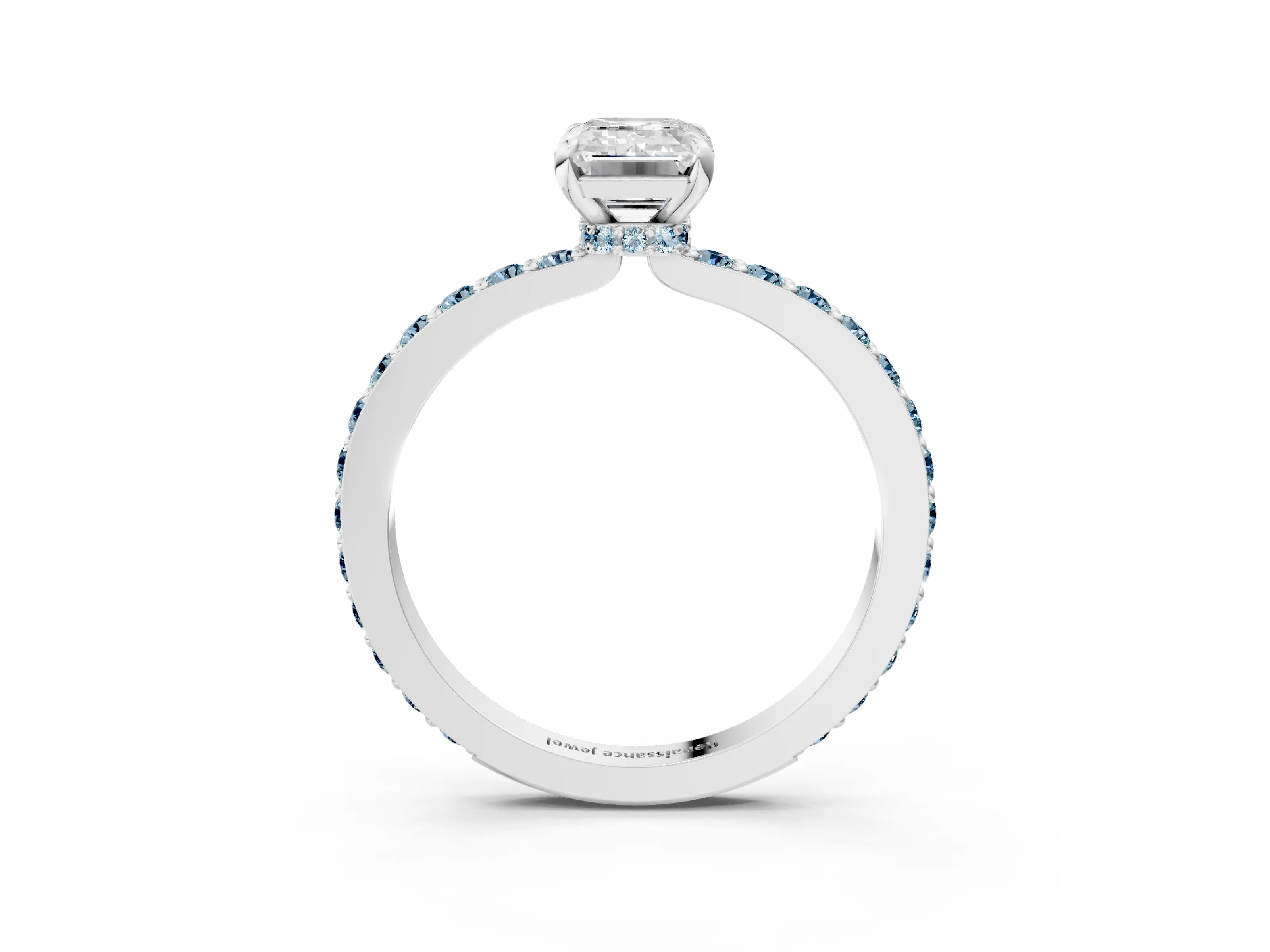 White gold Emerald Cut Diamond Pavé Engagement Ring with Round with Aquamarine side stone Accents and Prong Setting_3
