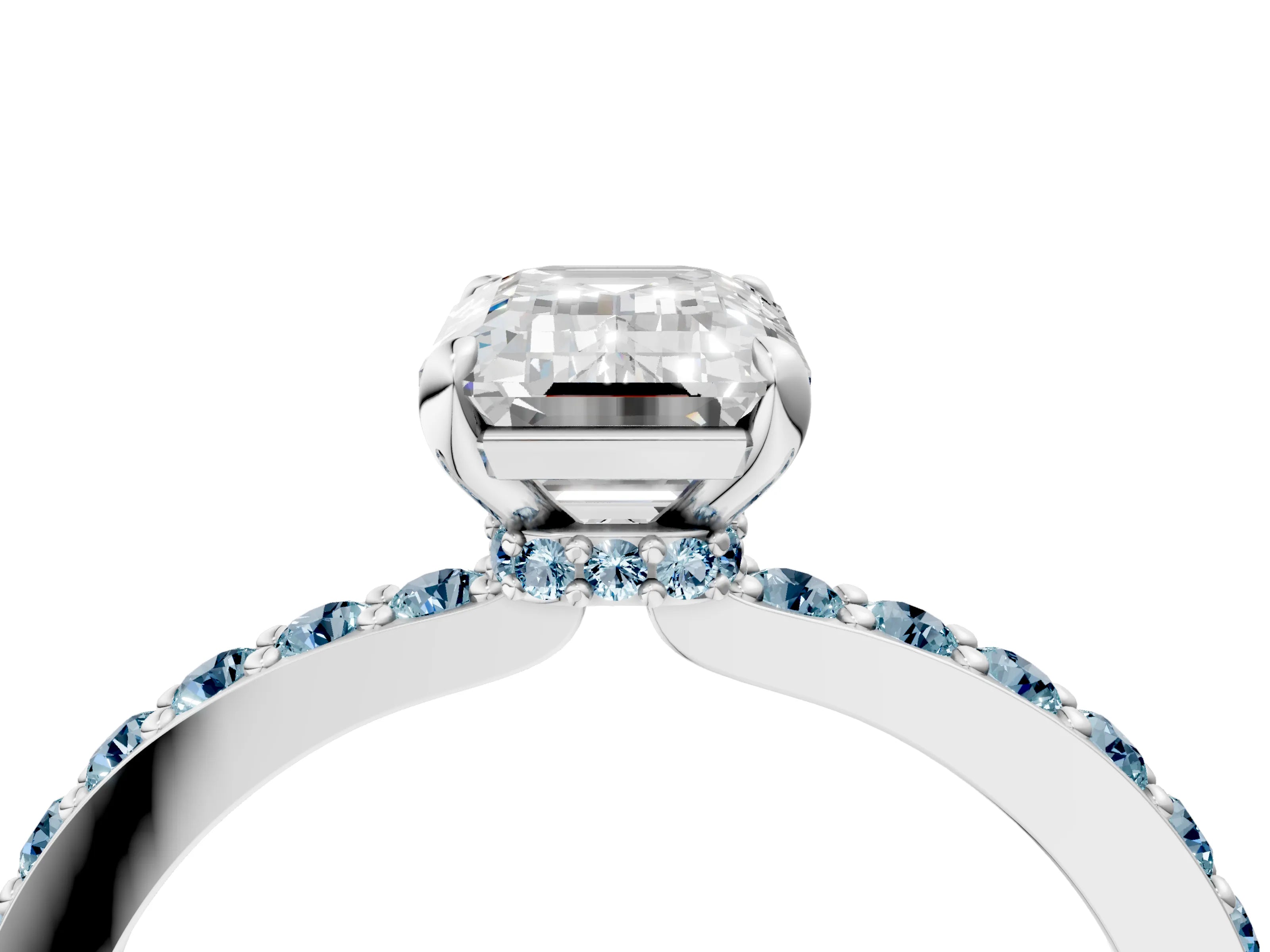White gold Emerald Cut Diamond Pavé Engagement Ring with Round with Aquamarine side stone Accents and Prong Setting_4
