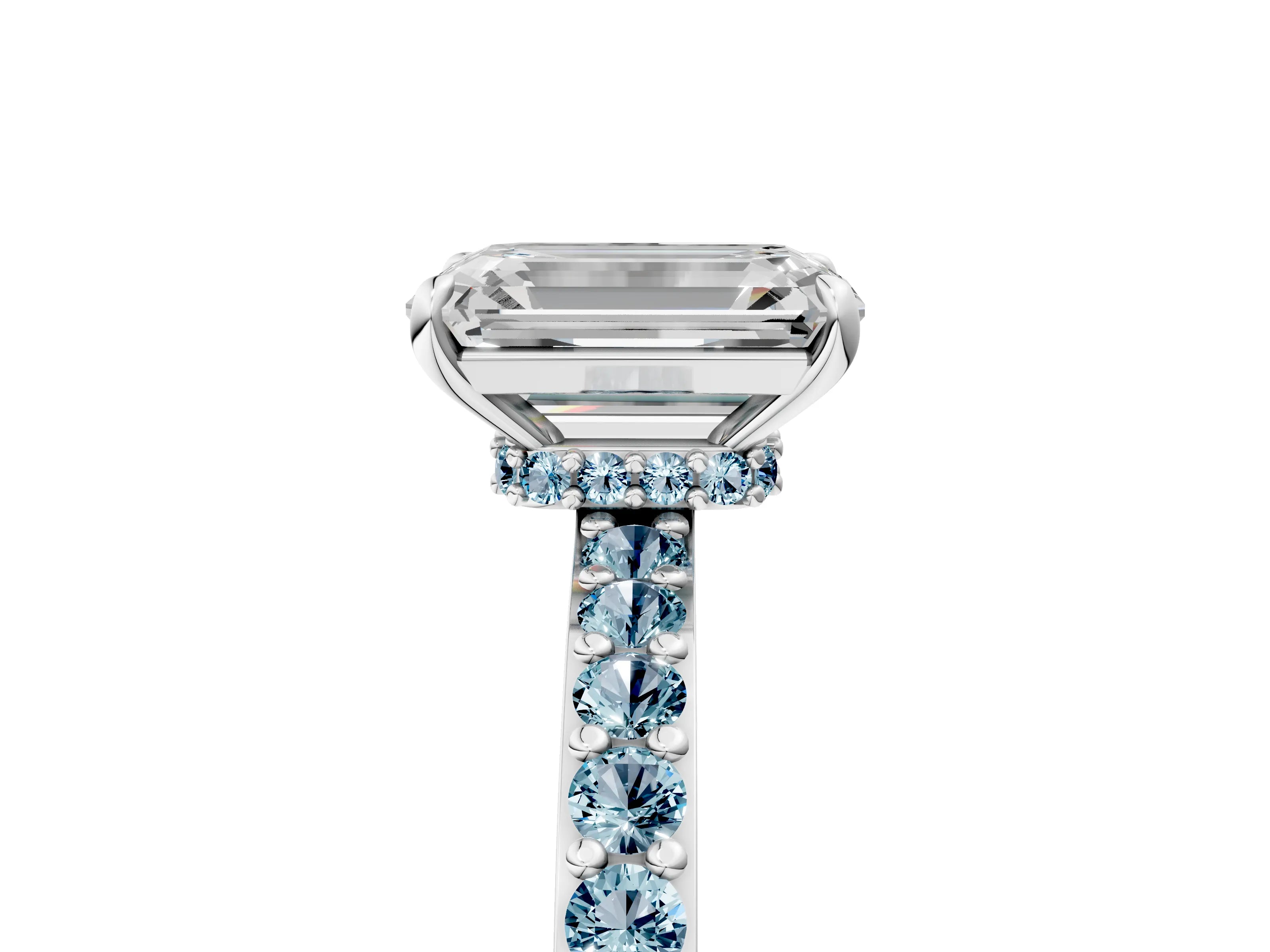 White gold Emerald Cut Diamond Pavé Engagement Ring with Round with Aquamarine side stone Accents and Prong Setting_5
