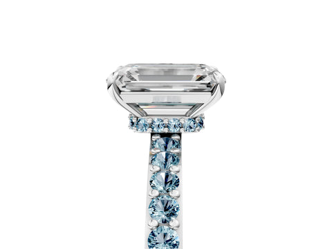 White gold Emerald Cut Diamond Pavé Engagement Ring with Round with Aquamarine side stone Accents and Prong Setting_5