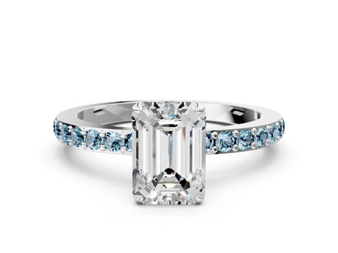 White gold Emerald Cut Diamond Pavé Engagement Ring with Round with Aquamarine side stone Accents and Prong Setting