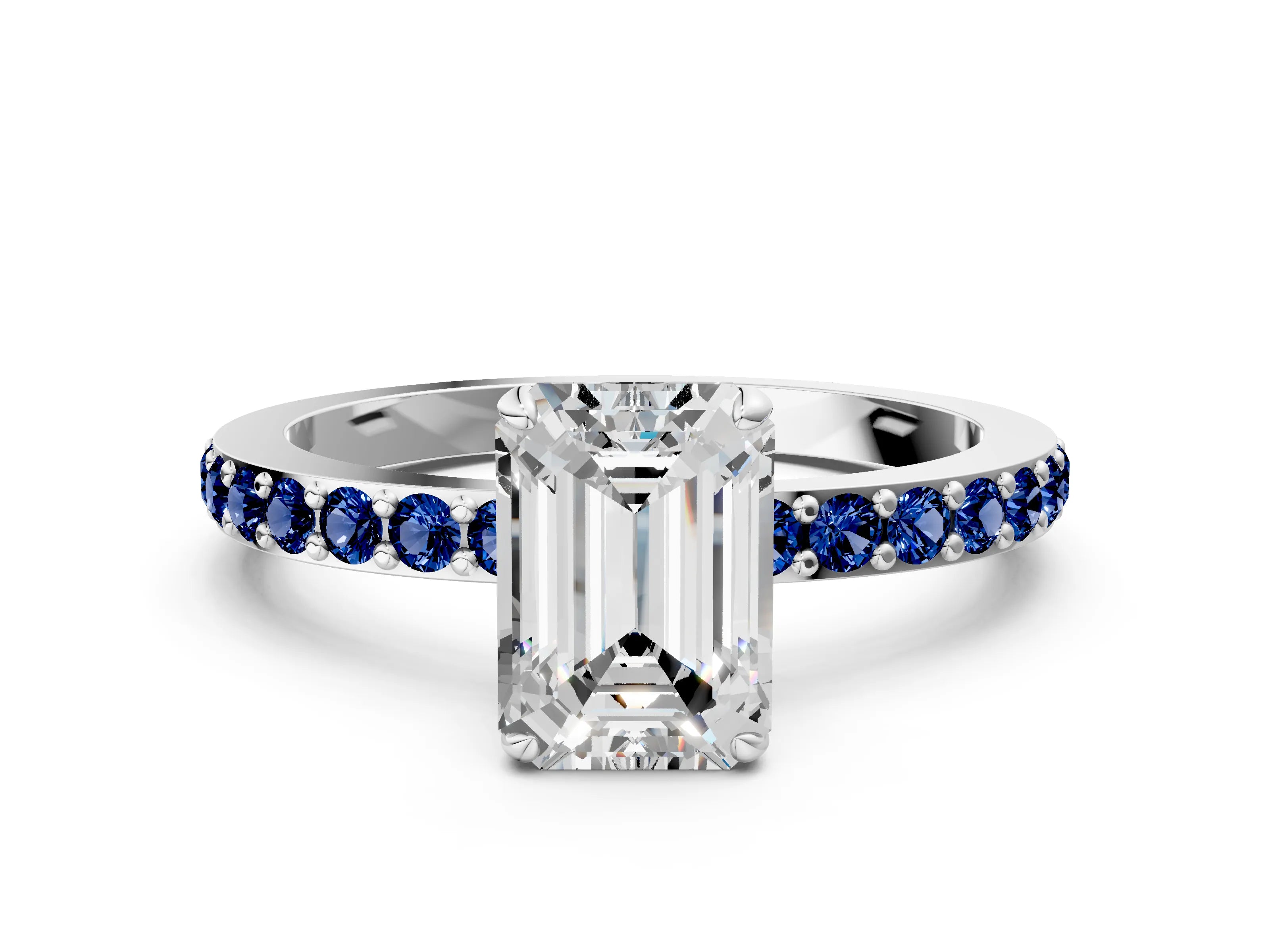 White gold Emerald Cut Diamond Pavé Engagement Ring with Round with Blue Sapphire side stone Accents and Prong Setting