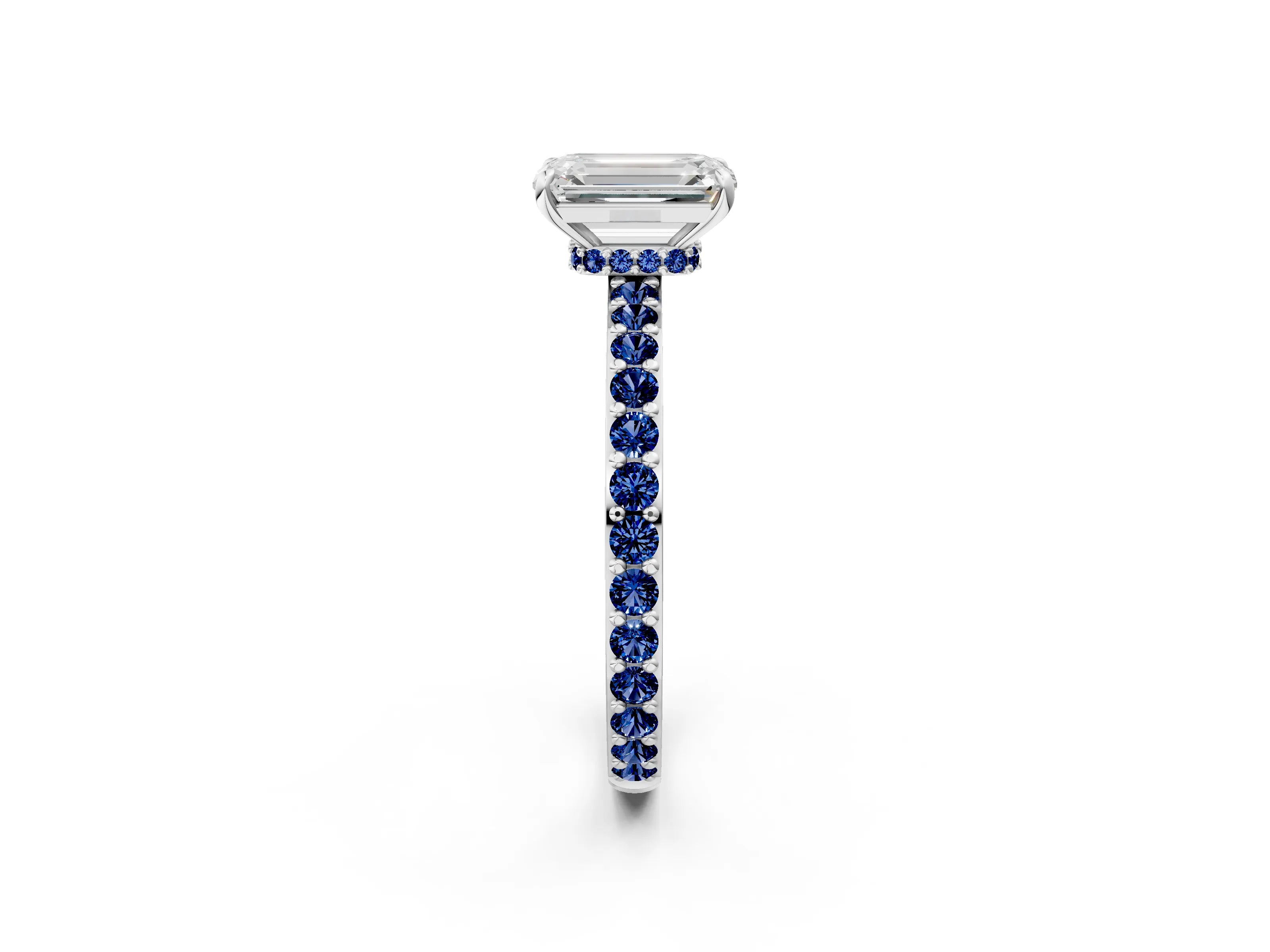 White gold Emerald Cut Diamond Pavé Engagement Ring with Round with Blue Sapphire side stone Accents and Prong Setting_14