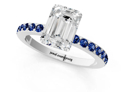 White gold Emerald Cut Diamond Pavé Engagement Ring with Round with Blue Sapphire side stone Accents and Prong Setting_1