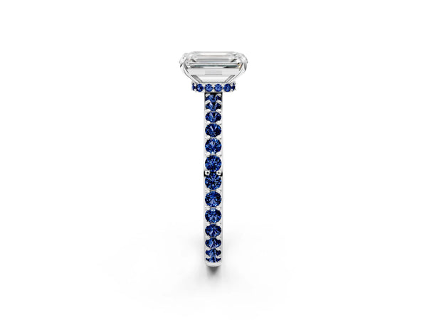 Sterling Silver Emerald Cut Engagement Ring Setting with Lab-Grown Blue Sapphire Pave Band