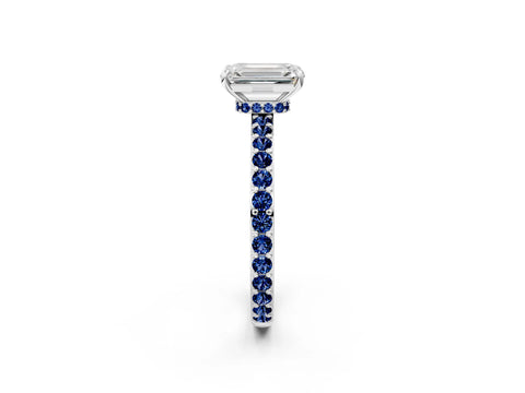 White gold Emerald Cut Diamond Pavé Engagement Ring with Round with Blue Sapphire side stone Accents and Prong Setting_2