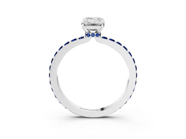 Platinum Emerald Cut Hidden Halo Engagement Ring Setting with Lab-Grown Blue Sapphire Pave Band