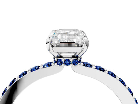 White gold Emerald Cut Diamond Pavé Engagement Ring with Round with Blue Sapphire side stone Accents and Prong Setting_4
