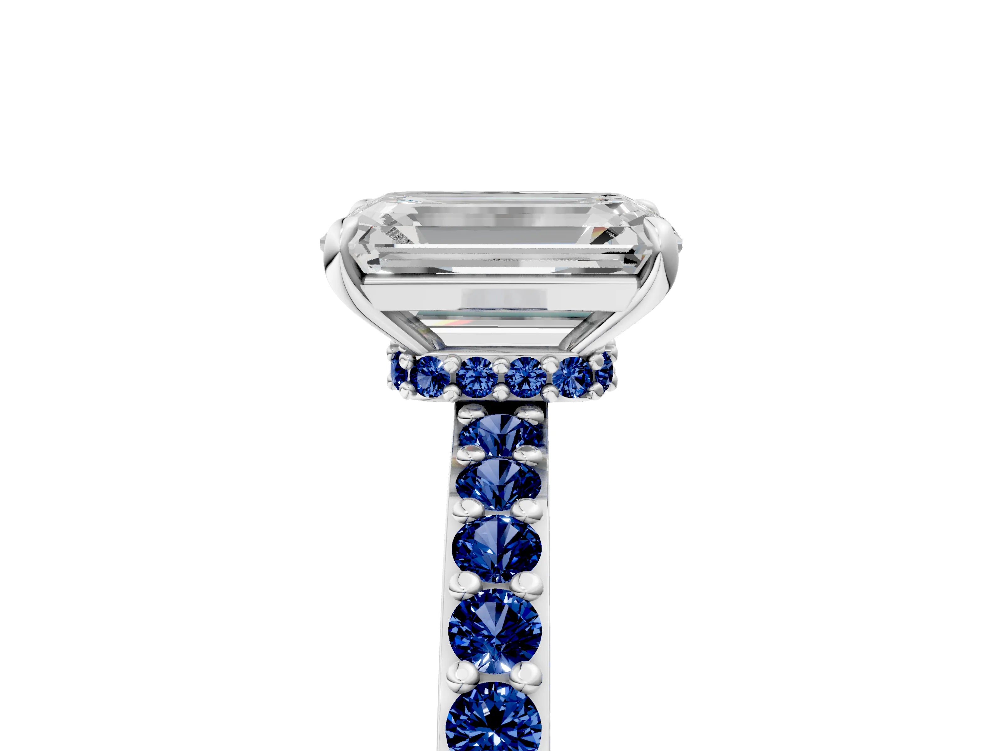 White gold Emerald Cut Diamond Pavé Engagement Ring with Round with Blue Sapphire side stone Accents and Prong Setting_5