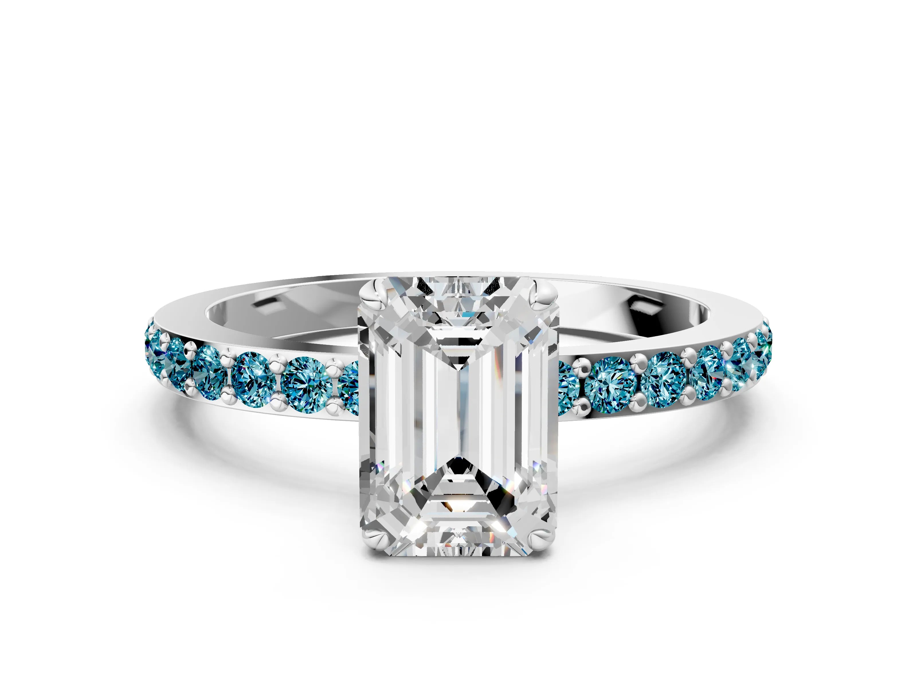White gold Emerald Cut Diamond Pavé Engagement Ring with Round with Blue Topaz side stone Accents and Prong Setting_12