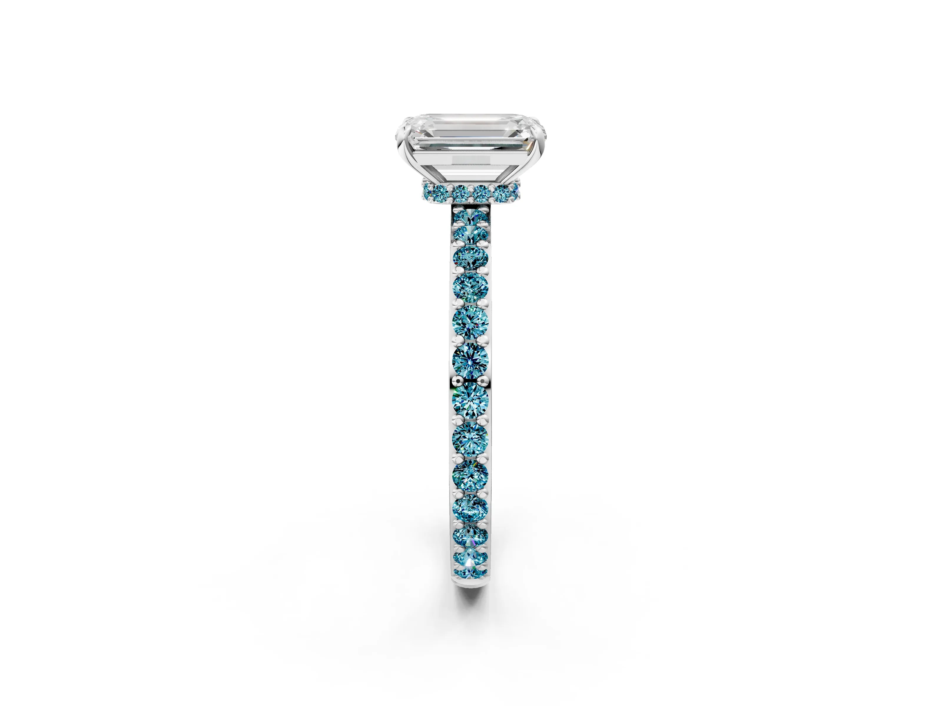 White gold Emerald Cut Diamond Pavé Engagement Ring with Round with Blue Topaz side stone Accents and Prong Setting_14