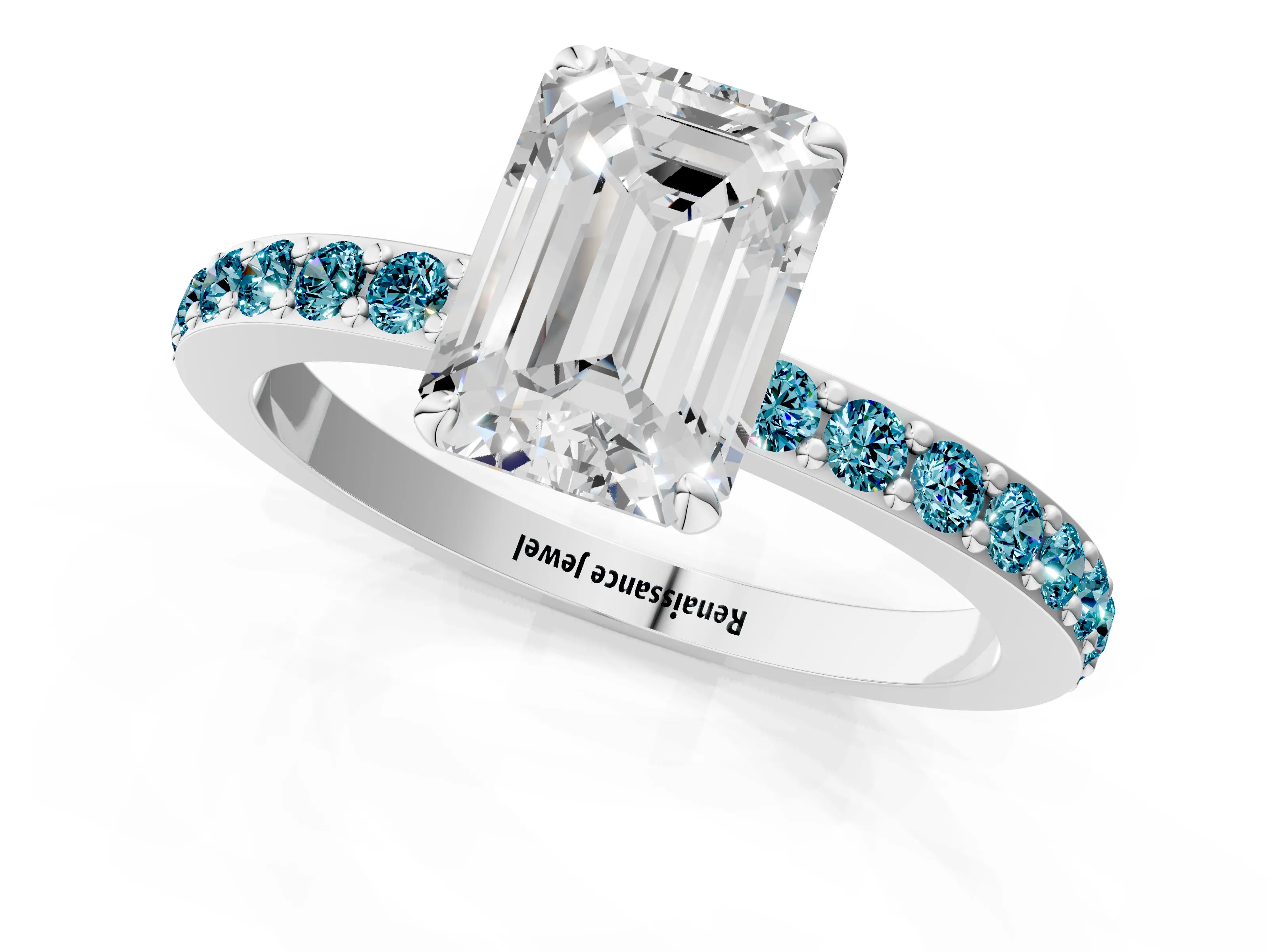 White gold Emerald Cut Diamond Pavé Engagement Ring with Round with Blue Topaz side stone Accents and Prong Setting_1