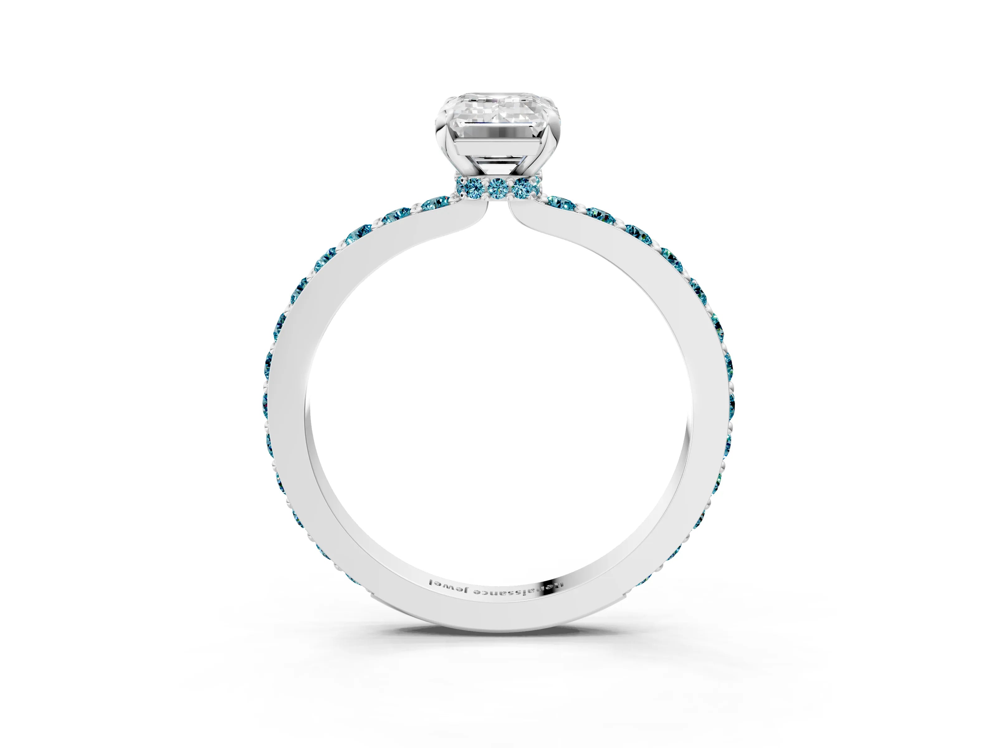White gold Emerald Cut Diamond Pavé Engagement Ring with Round with Blue Topaz side stone Accents and Prong Setting_3