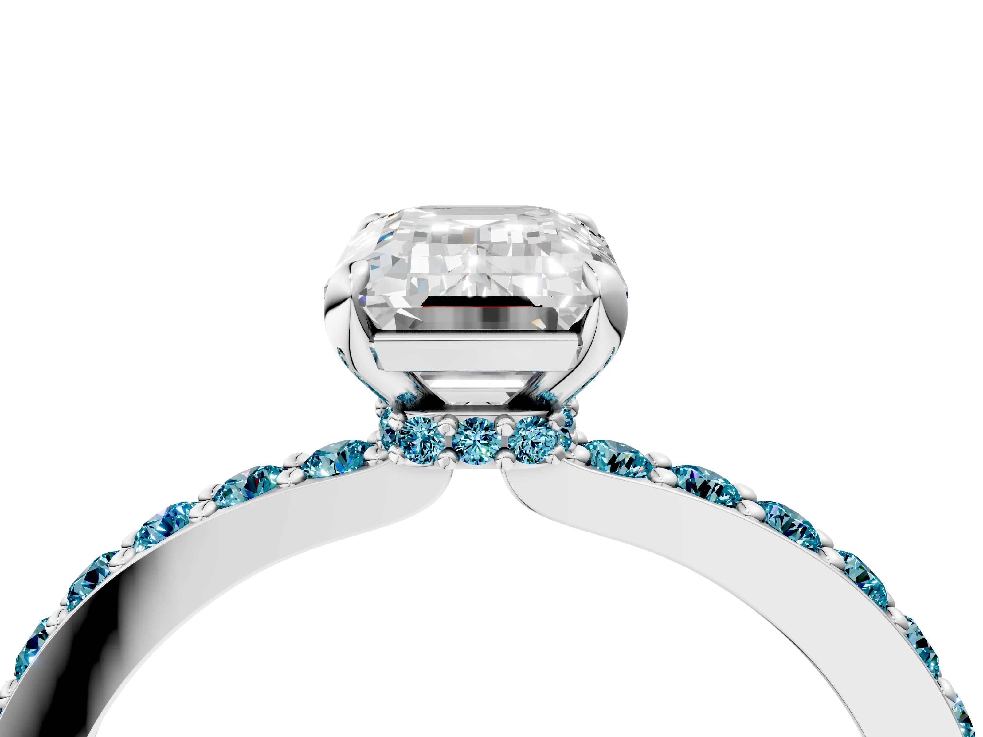 White gold Emerald Cut Diamond Pavé Engagement Ring with Round with Blue Topaz side stone Accents and Prong Setting_4