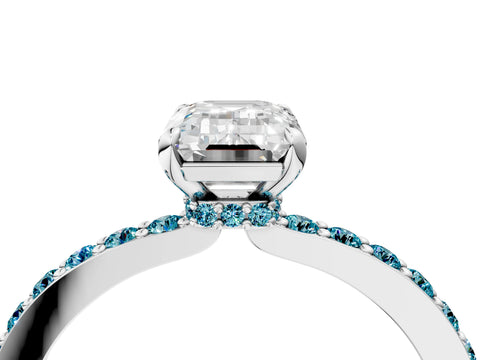 White gold Emerald Cut Diamond Pavé Engagement Ring with Round with Blue Topaz side stone Accents and Prong Setting_4