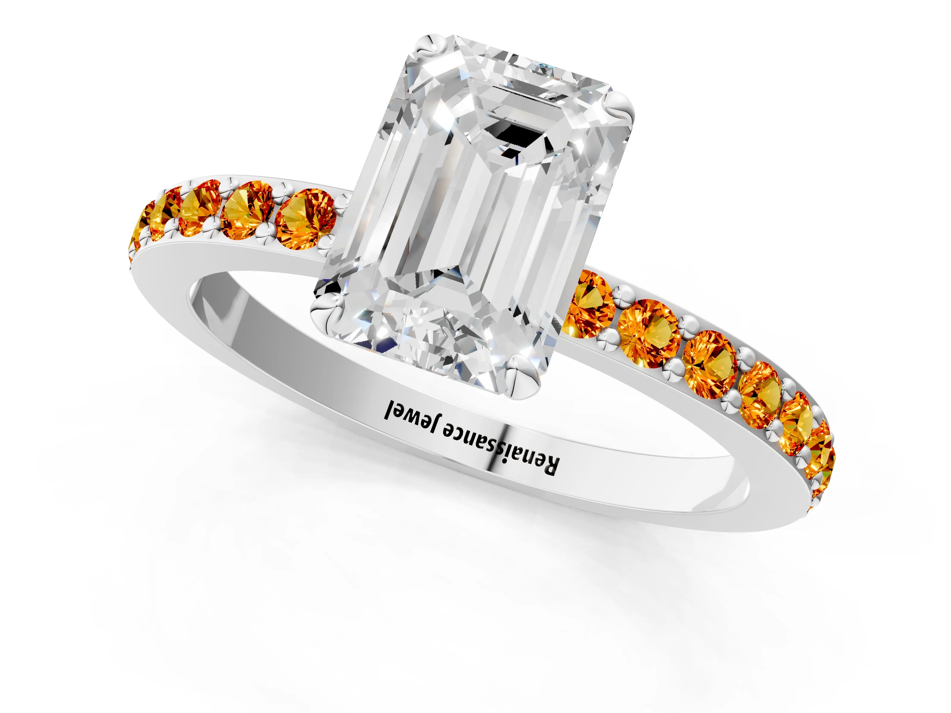 White gold Emerald Cut Diamond Pavé Engagement Ring with Round with Citrine side stone Accents and Prong Setting_1