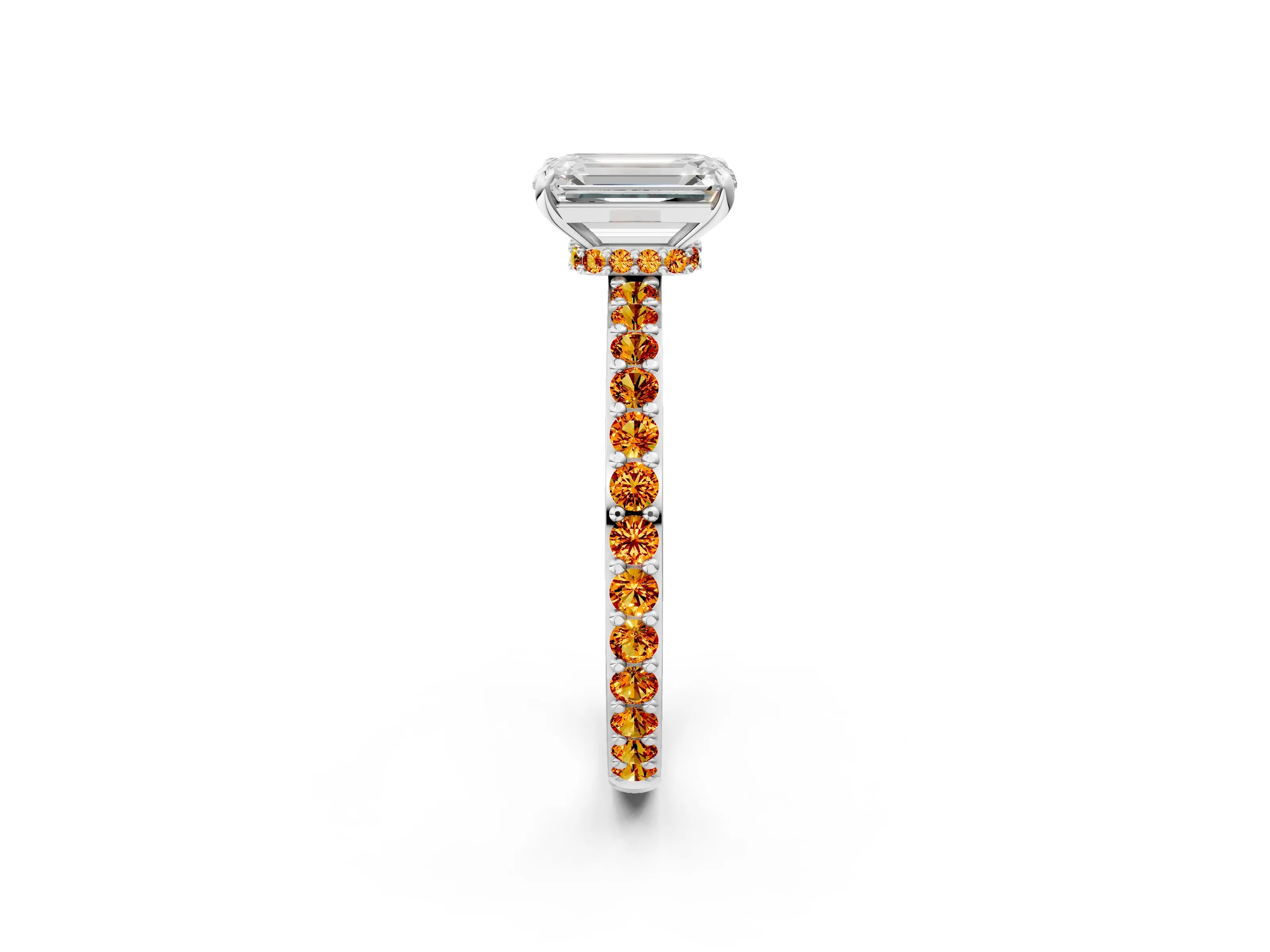 White gold Emerald Cut Diamond Pavé Engagement Ring with Round with Citrine side stone Accents and Prong Setting_2