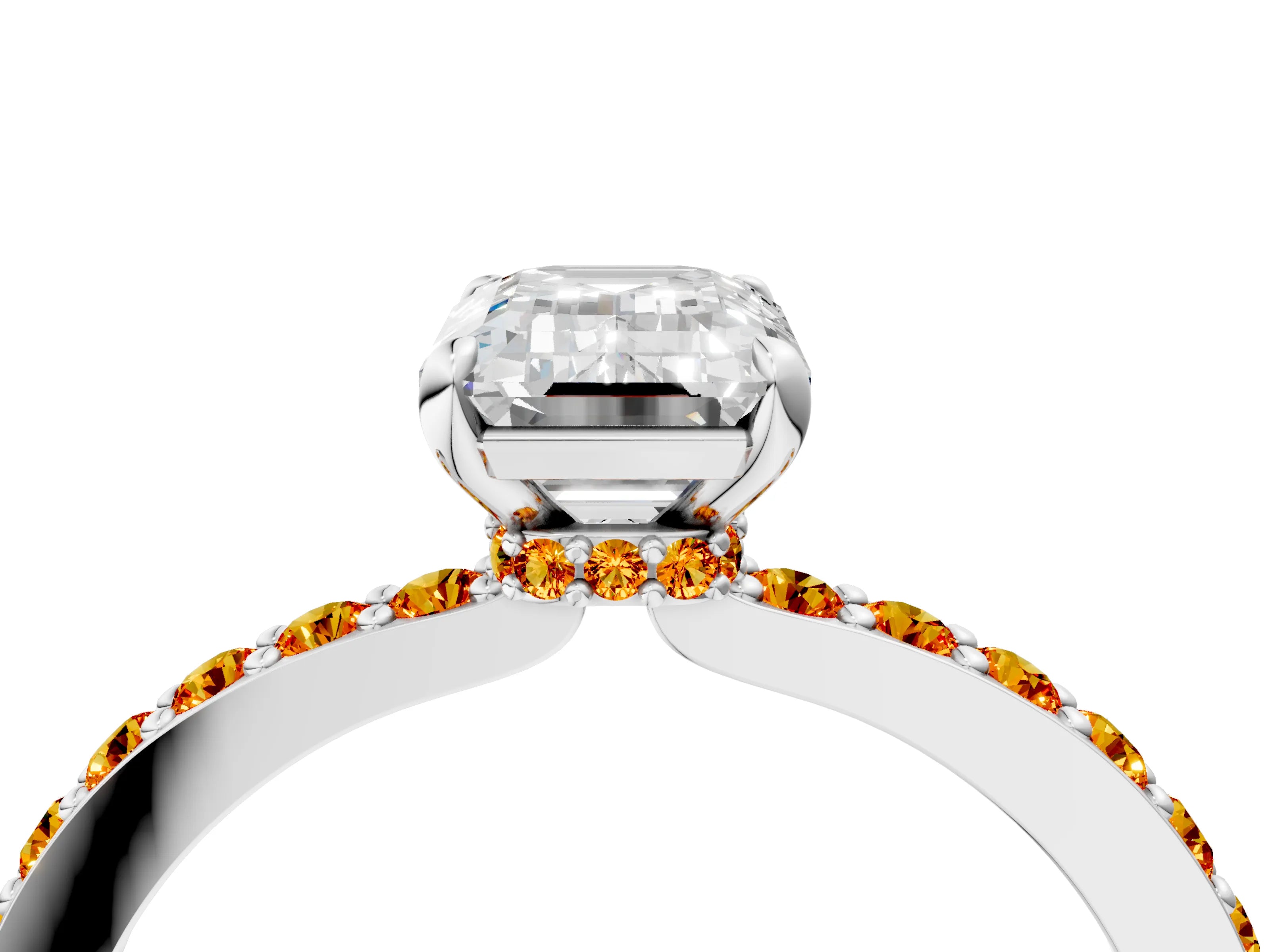 White gold Emerald Cut Diamond Pavé Engagement Ring with Round with Citrine side stone Accents and Prong Setting_4
