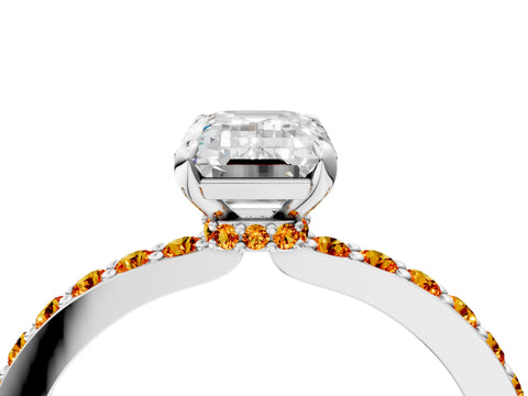 White gold Emerald Cut Diamond Pavé Engagement Ring with Round with Citrine side stone Accents and Prong Setting_4