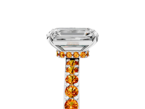 White gold Emerald Cut Diamond Pavé Engagement Ring with Round with Citrine side stone Accents and Prong Setting_5