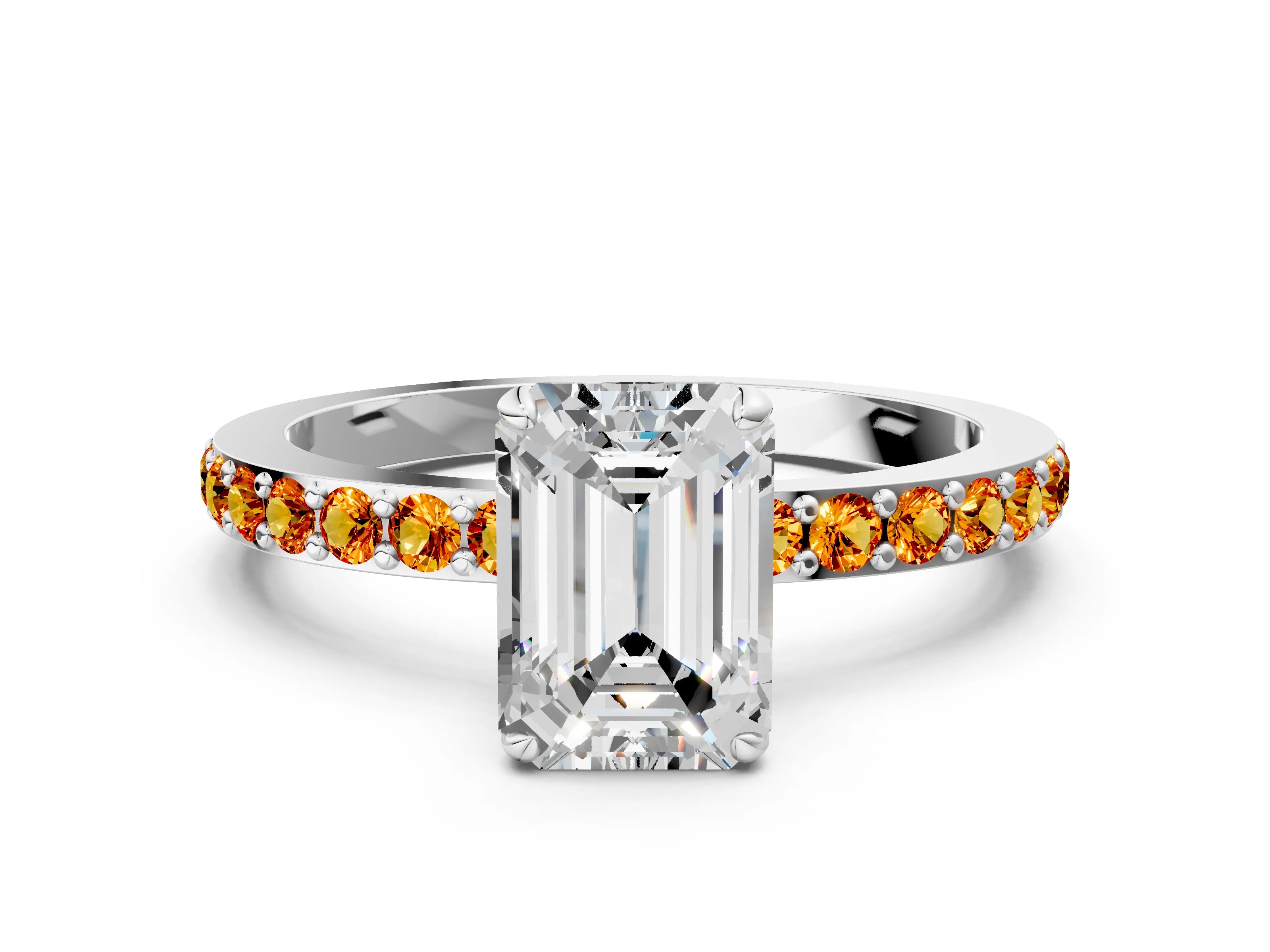 White gold Emerald Cut Diamond Pavé Engagement Ring with Round with Citrine side stone Accents and Prong Setting