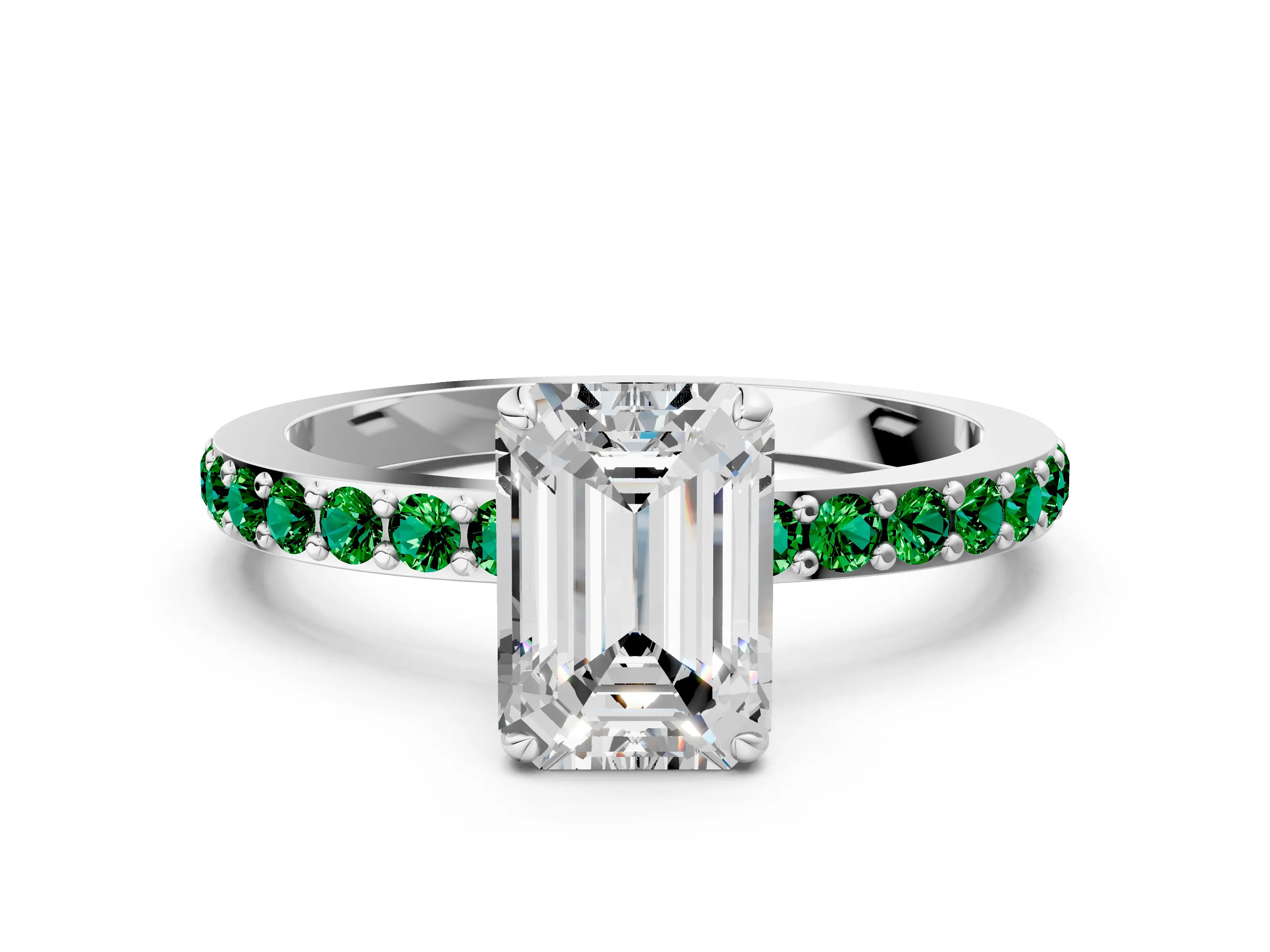 White gold Emerald Cut Diamond Pavé Engagement Ring with Round with Emerald side stone Accents and Prong Setting