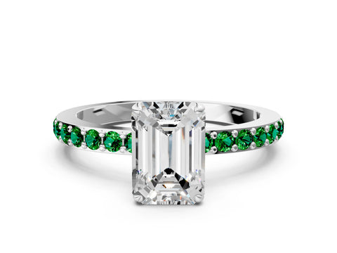 White gold Emerald Cut Diamond Pavé Engagement Ring with Round with Emerald side stone Accents and Prong Setting_12
