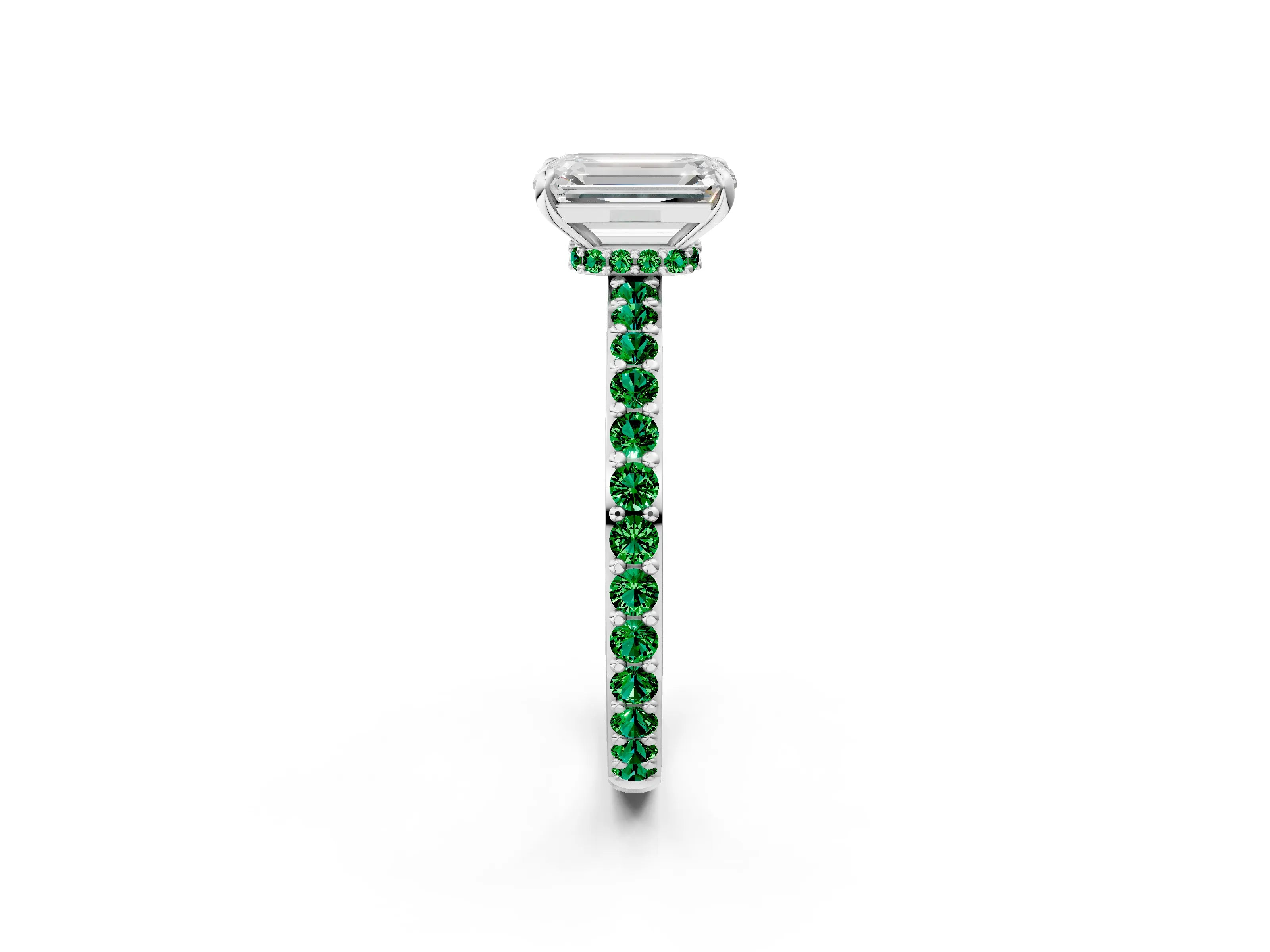 White gold Emerald Cut Diamond Pavé Engagement Ring with Round with Emerald side stone Accents and Prong Setting_14
