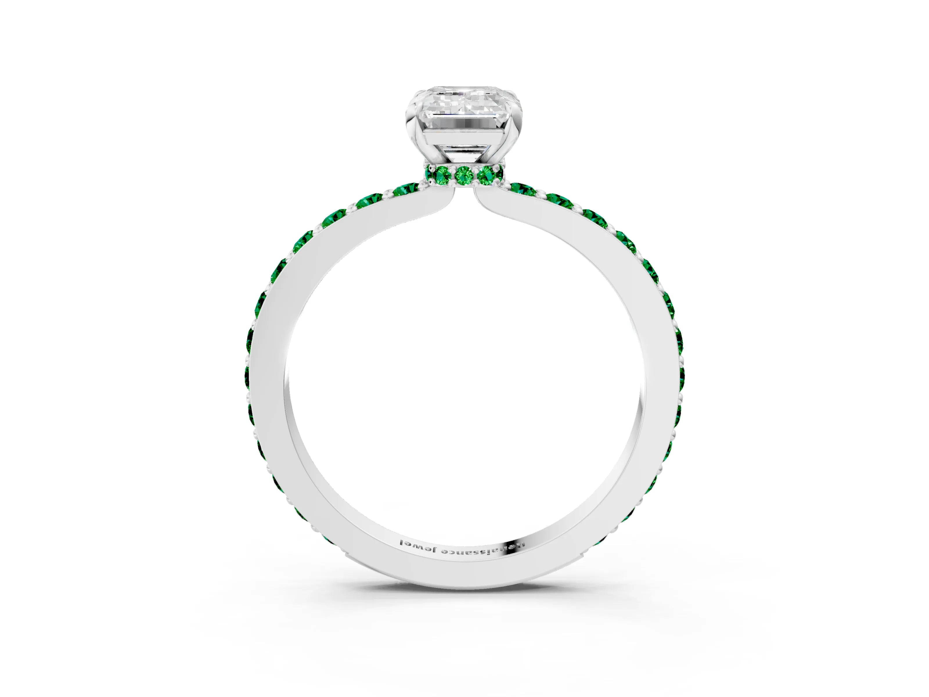 White gold Emerald Cut Diamond Pavé Engagement Ring with Round with Emerald side stone Accents and Prong Setting_15