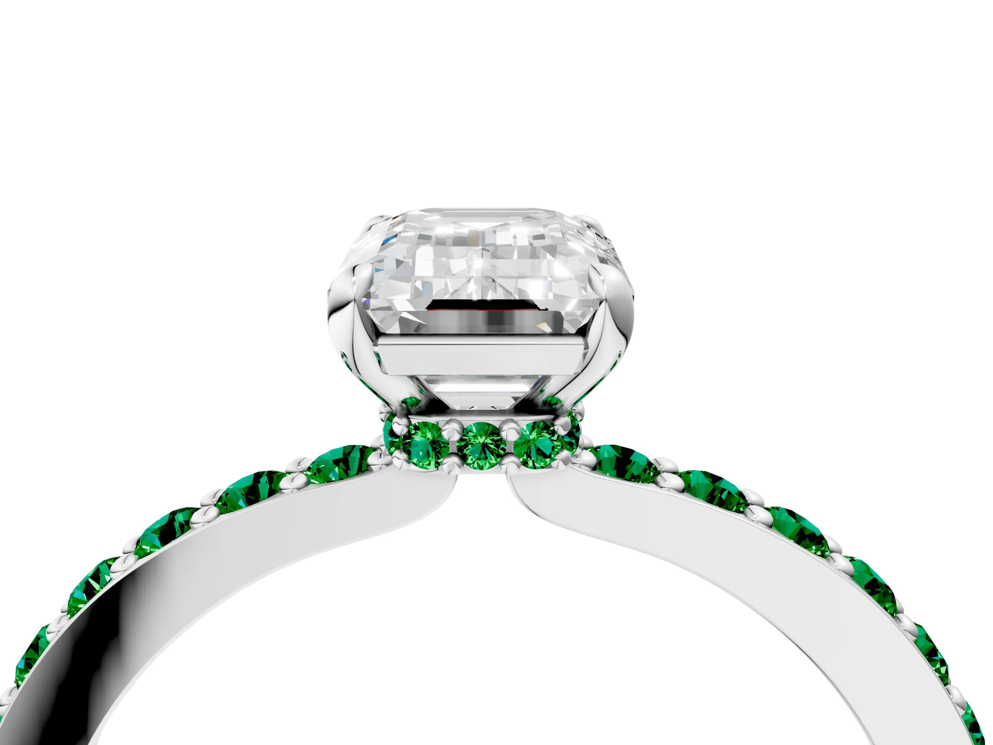 White gold Emerald Cut Diamond Pavé Engagement Ring with Round with Emerald side stone Accents and Prong Setting_16