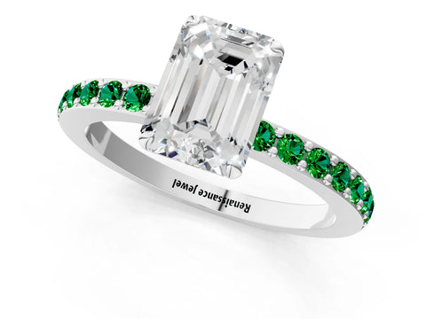 White gold Emerald Cut Diamond Pavé Engagement Ring with Round with Emerald side stone Accents and Prong Setting_1