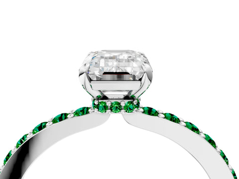 White gold Emerald Cut Diamond Pavé Engagement Ring with Round with Emerald side stone Accents and Prong Setting_4