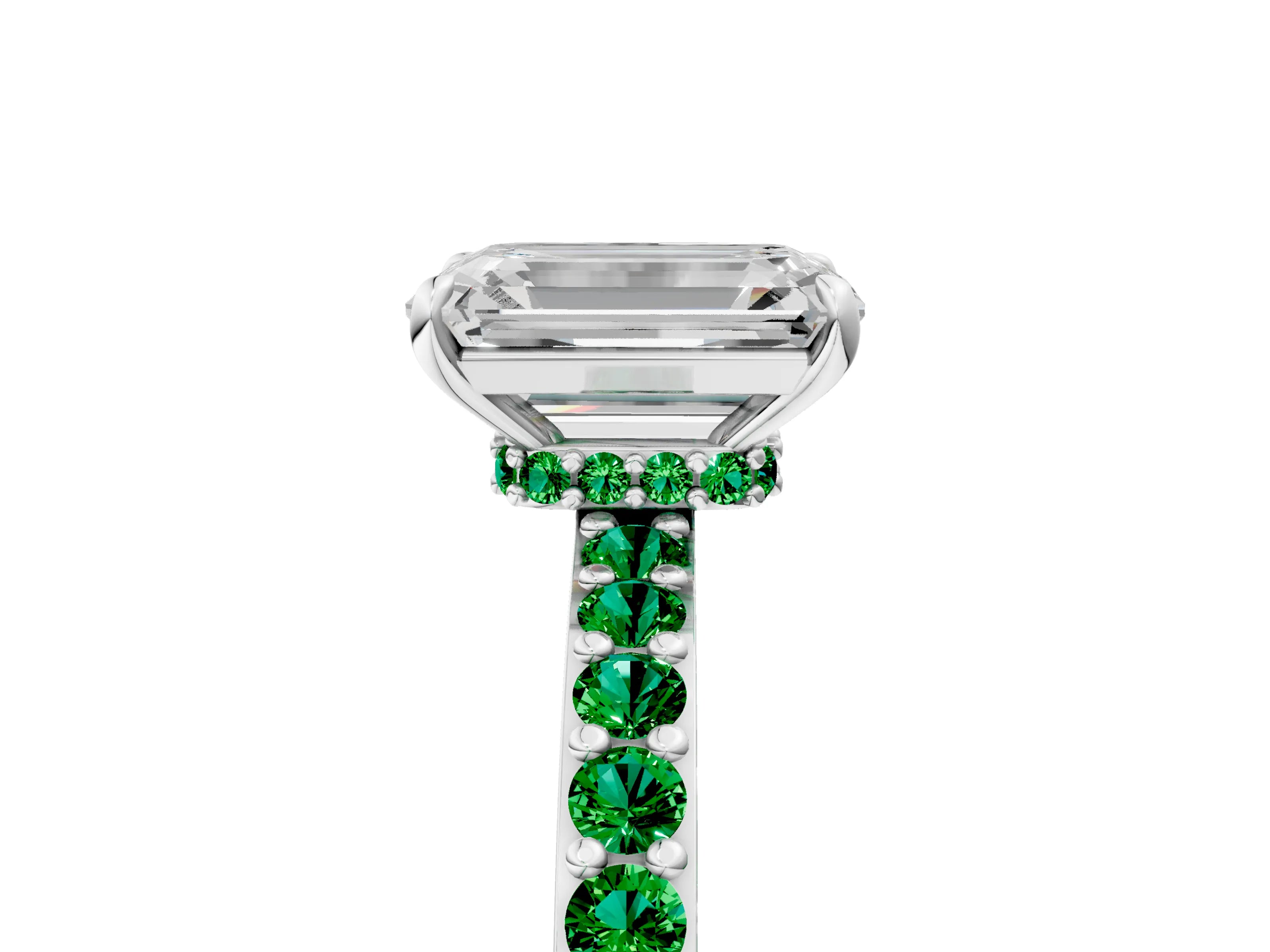 White gold Emerald Cut Diamond Pavé Engagement Ring with Round with Emerald side stone Accents and Prong Setting_5