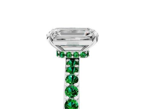 White gold Emerald Cut Diamond Pavé Engagement Ring with Round with Emerald side stone Accents and Prong Setting_5