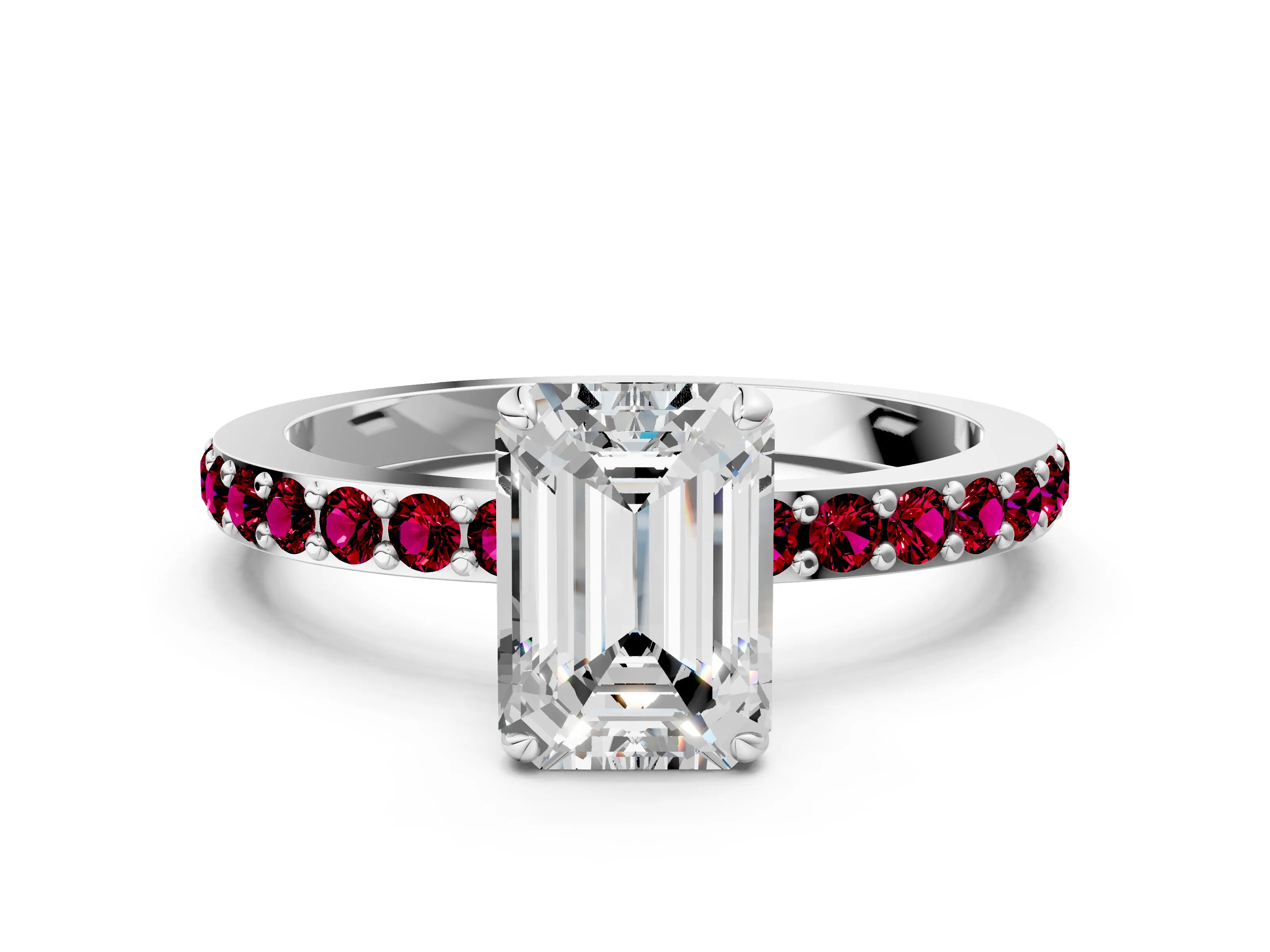 White gold Emerald Cut Diamond Pavé Engagement Ring with Round with Garnet side stone Accents and Prong Setting_12