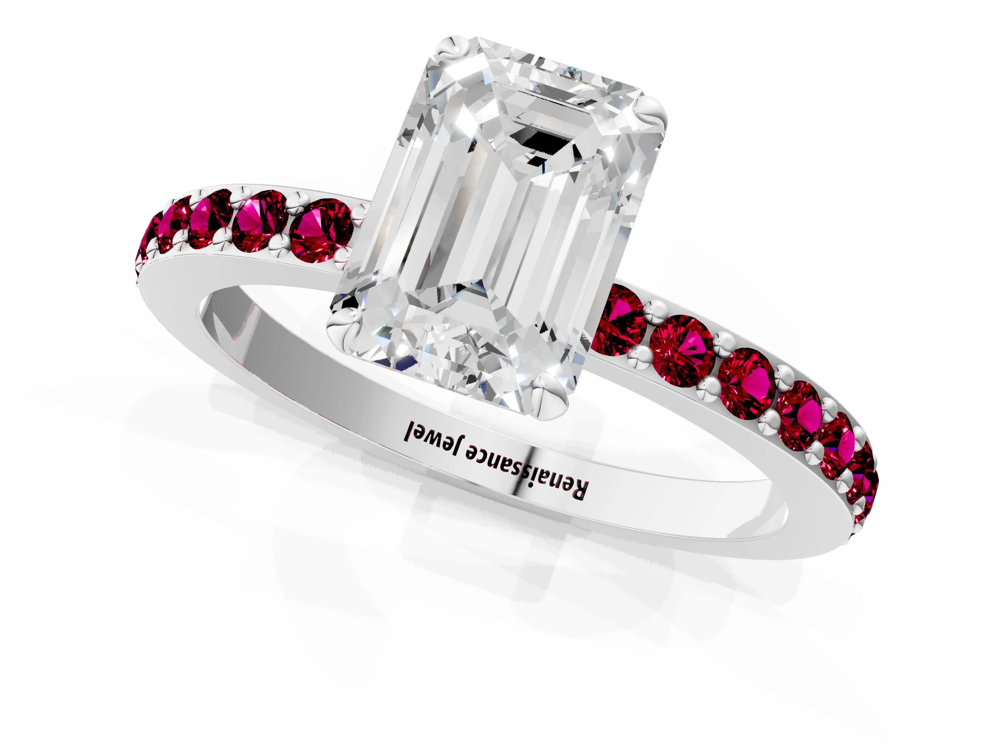 White gold Emerald Cut Diamond Pavé Engagement Ring with Round with Garnet side stone Accents and Prong Setting_13