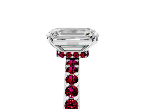 White gold Emerald Cut Diamond Pavé Engagement Ring with Round with Garnet side stone Accents and Prong Setting_17
