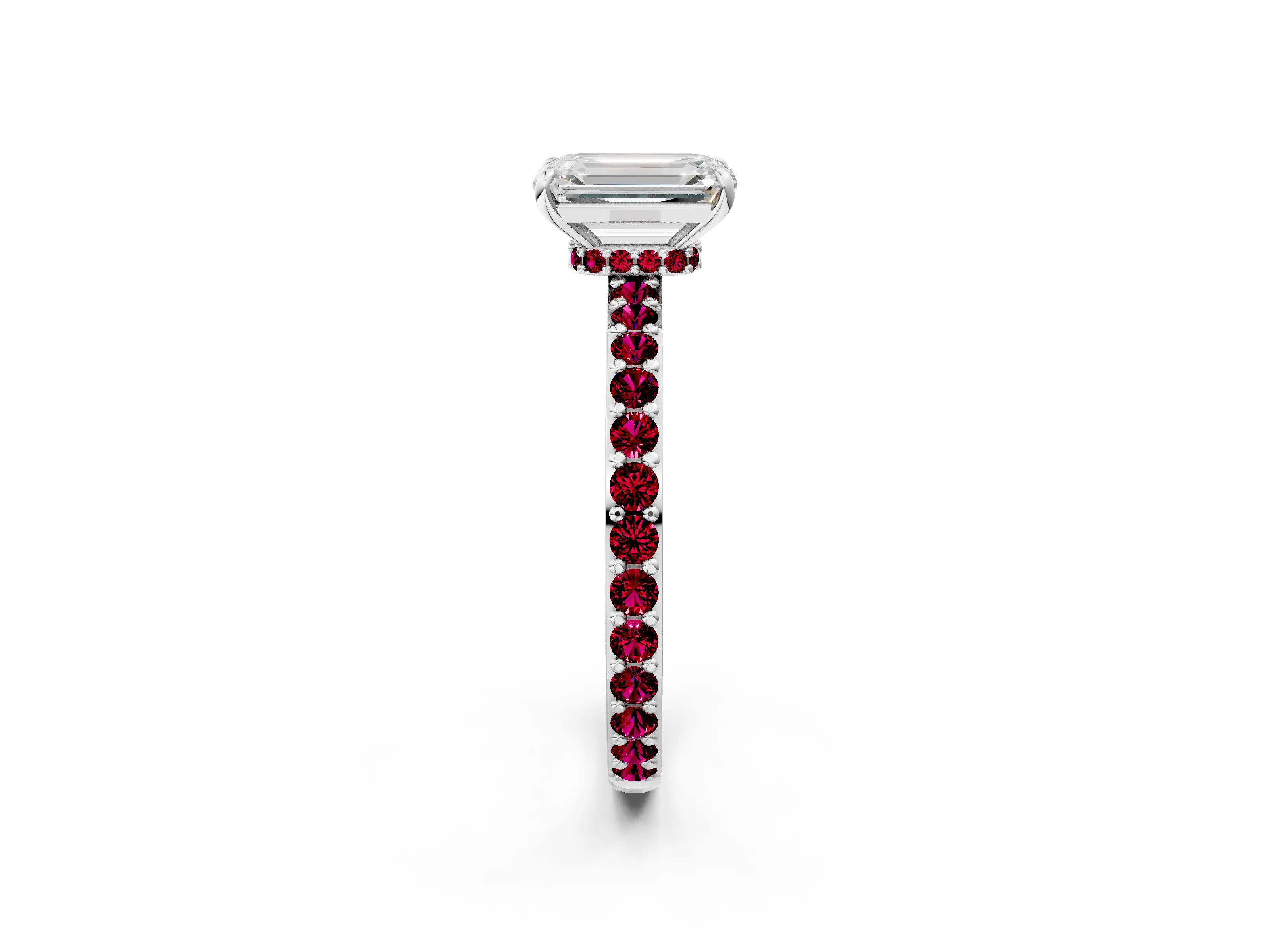 White gold Emerald Cut Diamond Pavé Engagement Ring with Round with Garnet side stone Accents and Prong Setting_2