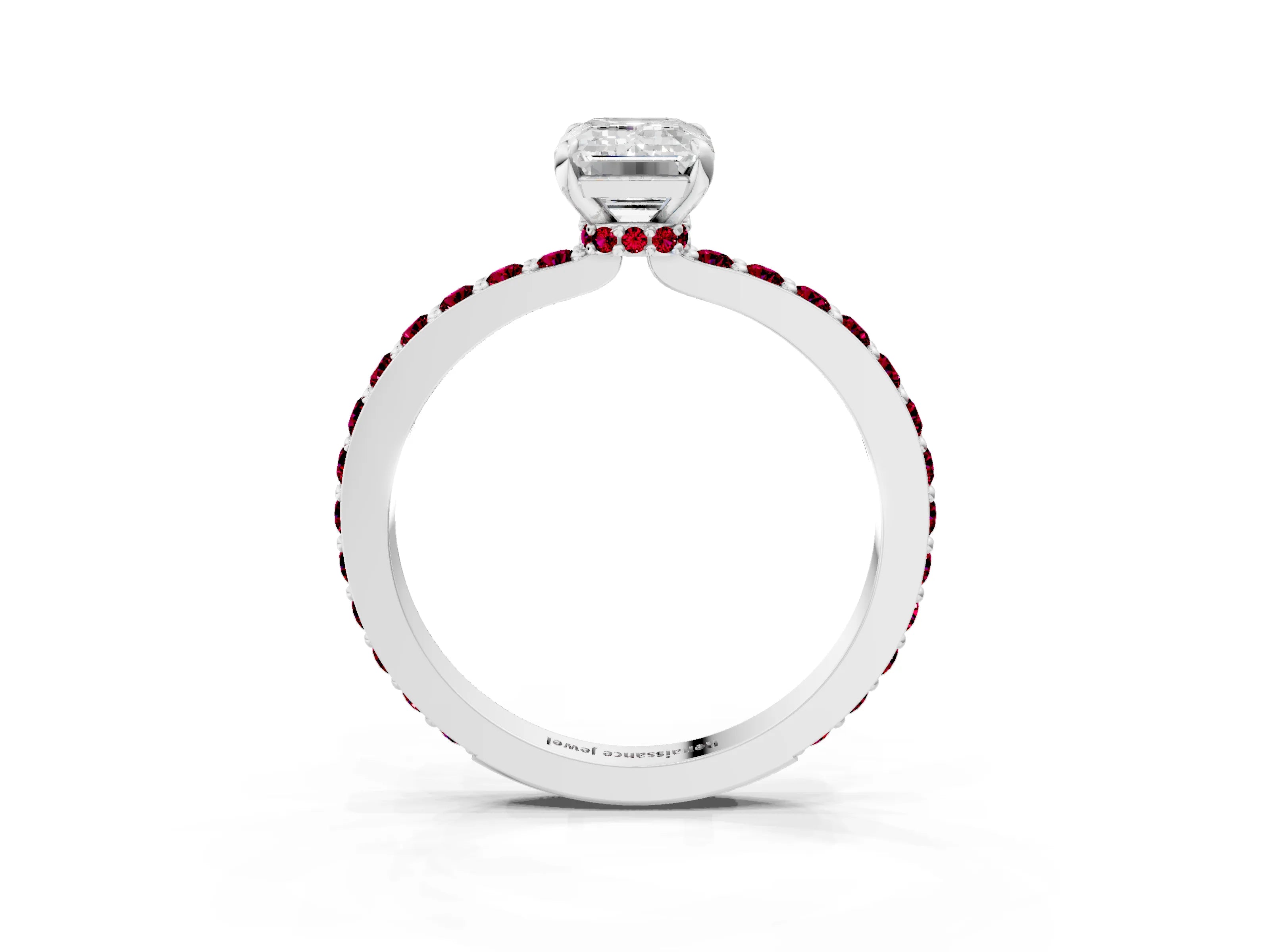 White gold Emerald Cut Diamond Pavé Engagement Ring with Round with Garnet side stone Accents and Prong Setting_3