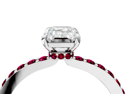 White gold Emerald Cut Diamond Pavé Engagement Ring with Round with Garnet side stone Accents and Prong Setting_4