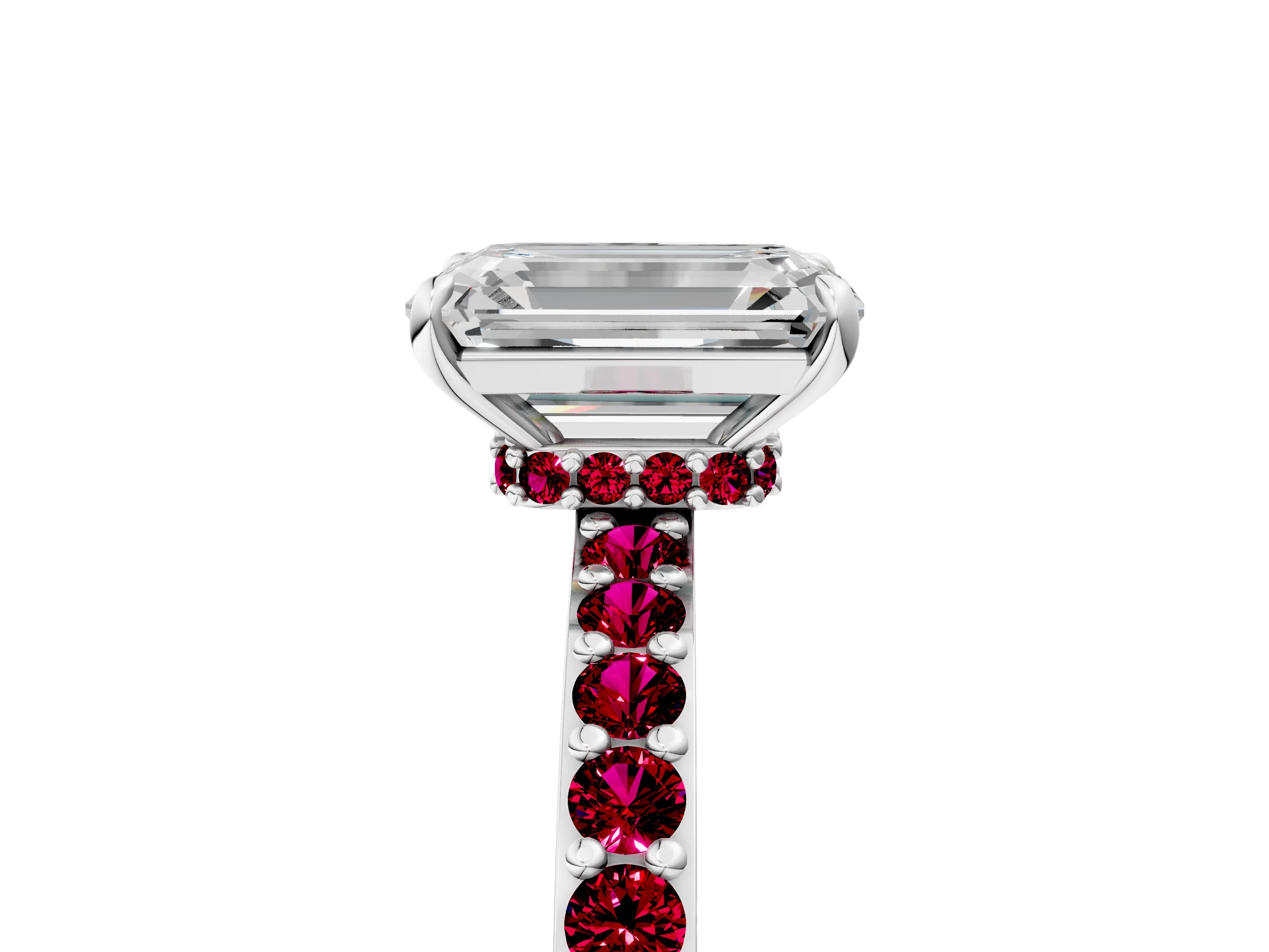 White gold Emerald Cut Diamond Pavé Engagement Ring with Round with Garnet side stone Accents and Prong Setting_5
