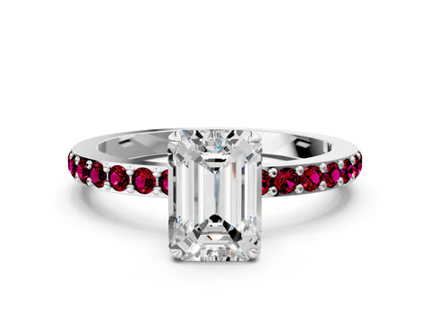 White gold Emerald Cut Diamond Pavé Engagement Ring with Round with Garnet side stone Accents and Prong Setting