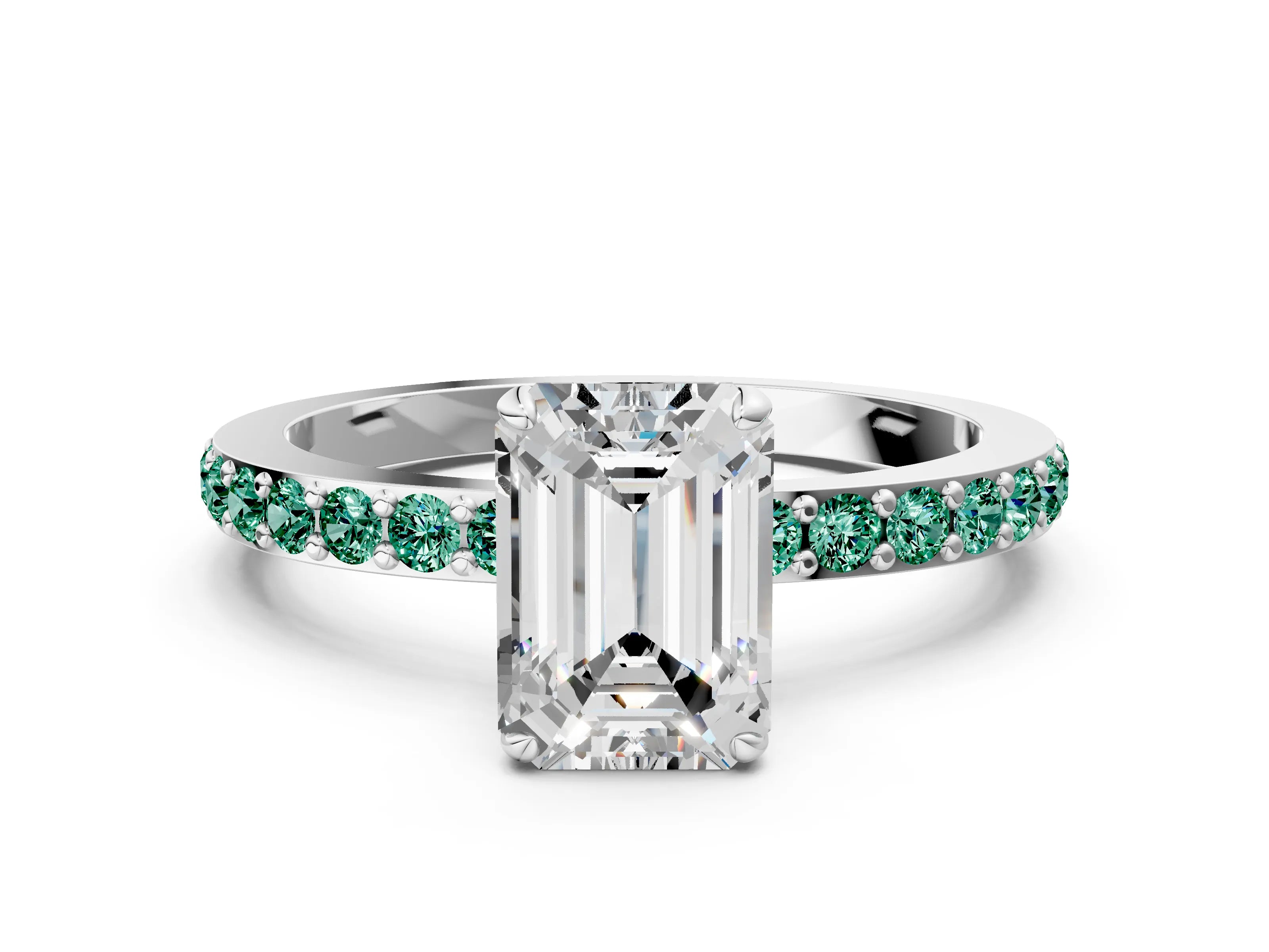 White gold Emerald Cut Diamond Pavé Engagement Ring with Round with Green Sapphire side stone Accents and Prong Setting_12