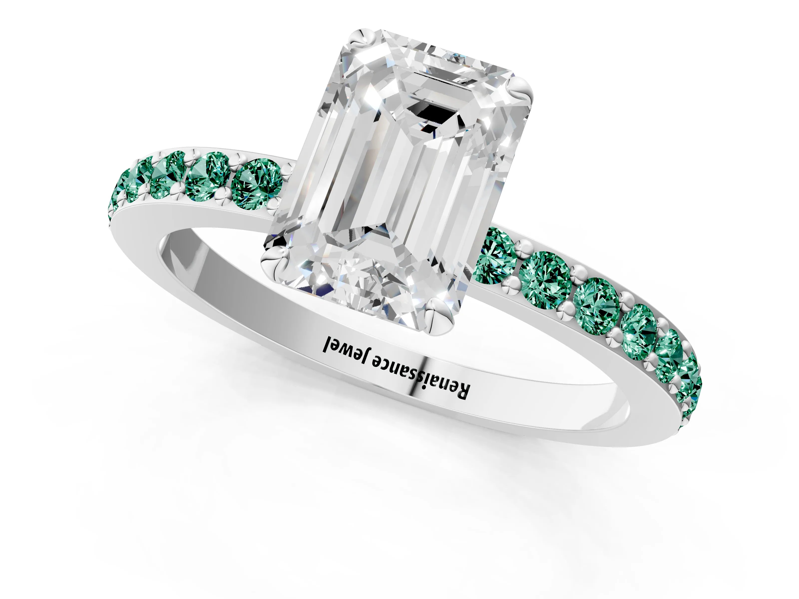 White gold Emerald Cut Diamond Pavé Engagement Ring with Round with Green Sapphire side stone Accents and Prong Setting_13