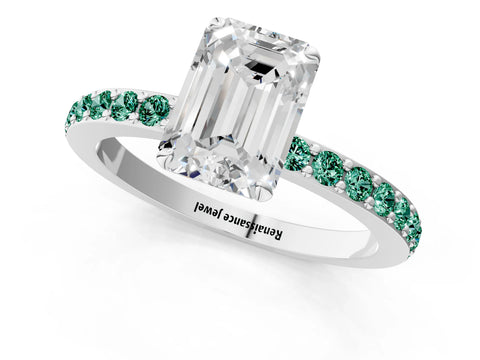 White gold Emerald Cut Diamond Pavé Engagement Ring with Round with Green Sapphire side stone Accents and Prong Setting_13