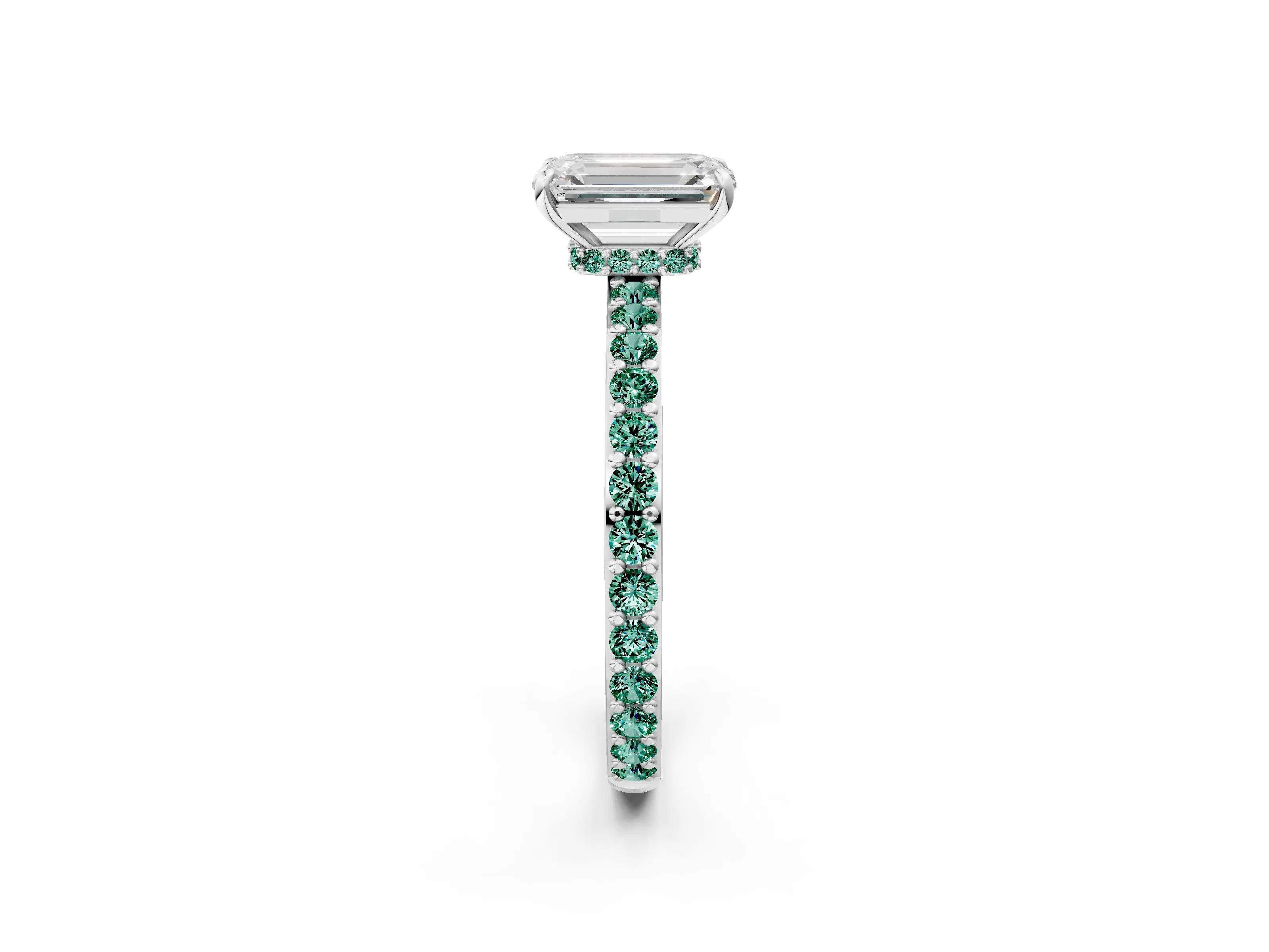 White gold Emerald Cut Diamond Pavé Engagement Ring with Round with Green Sapphire side stone Accents and Prong Setting_14