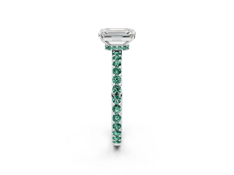 White gold Emerald Cut Diamond Pavé Engagement Ring with Round with Green Sapphire side stone Accents and Prong Setting_14