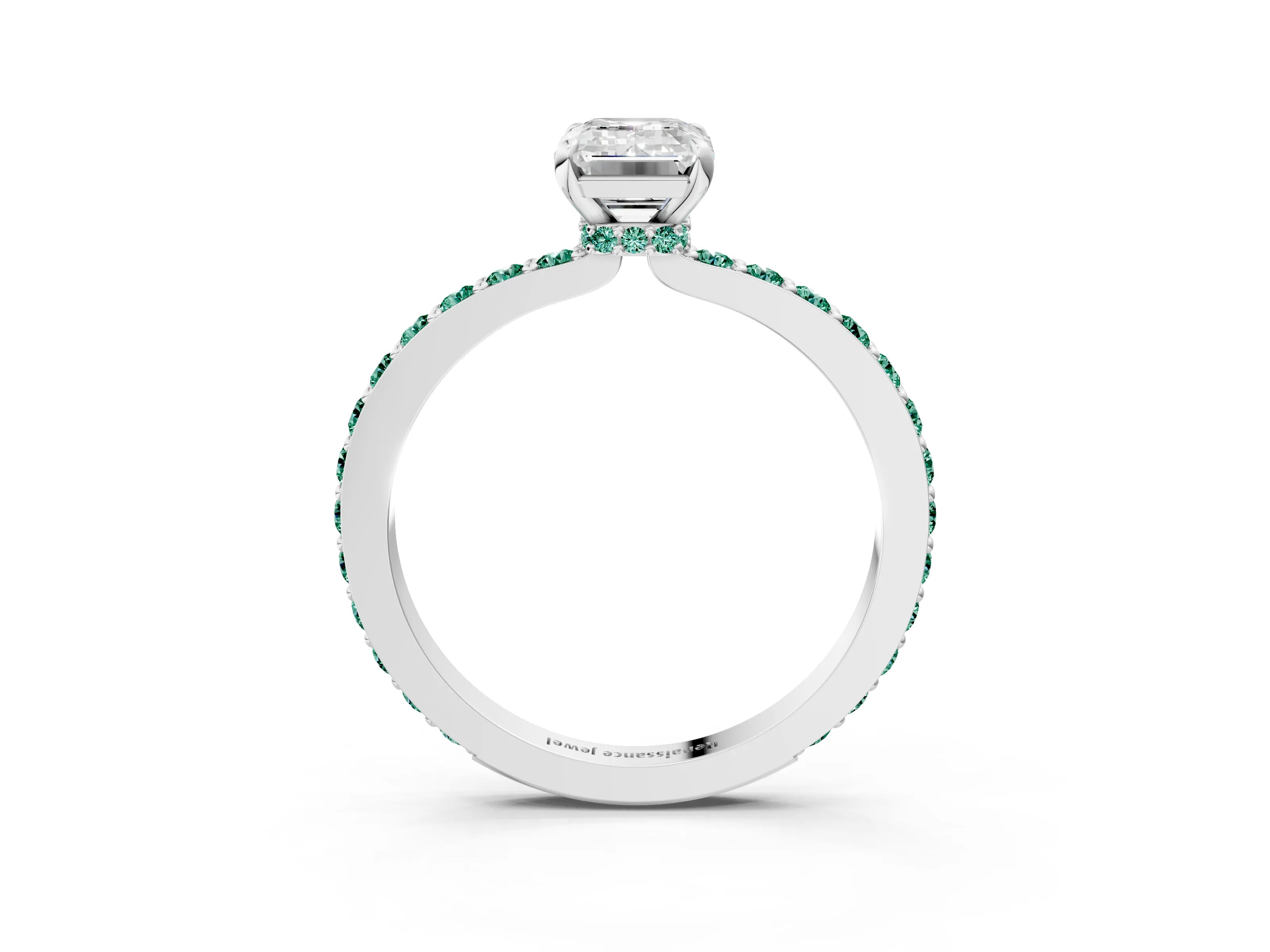 White gold Emerald Cut Diamond Pavé Engagement Ring with Round with Green Sapphire side stone Accents and Prong Setting_15